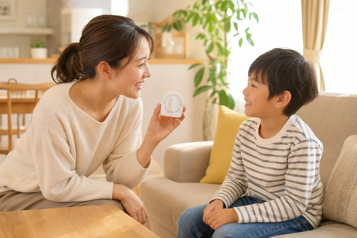 タイマーを見せながら男の子に声をかけるママ