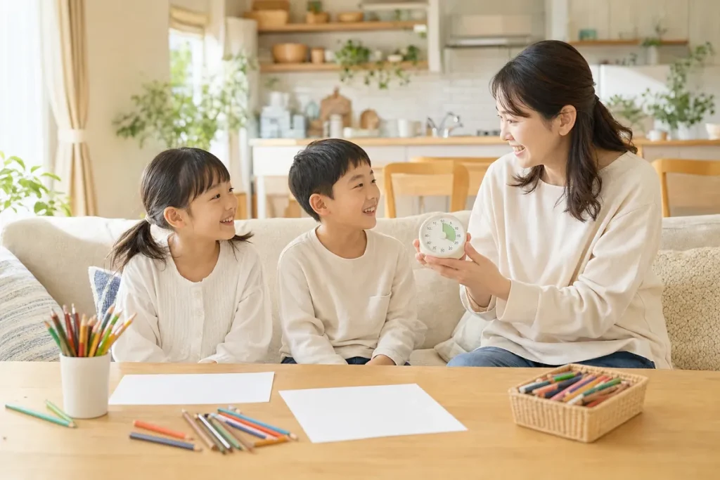 タイマーを見せながら子どもたちと話すママ