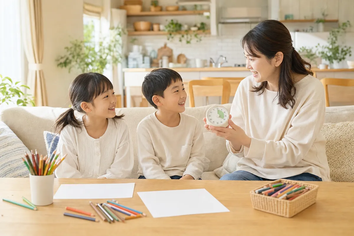 タイマーを見せながら子どもたちと話すママ