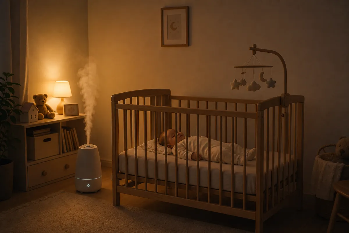 加湿器のそばで仰向けに眠る赤ちゃん