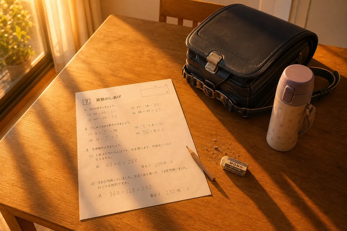 書きかけの宿題プリントと鉛筆・消しゴム