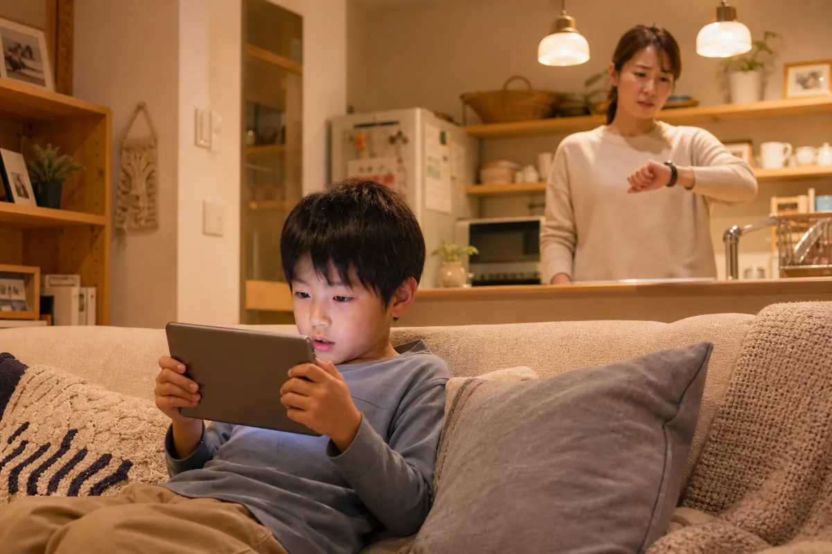 タブレットの動画に夢中になる小学生の男の子