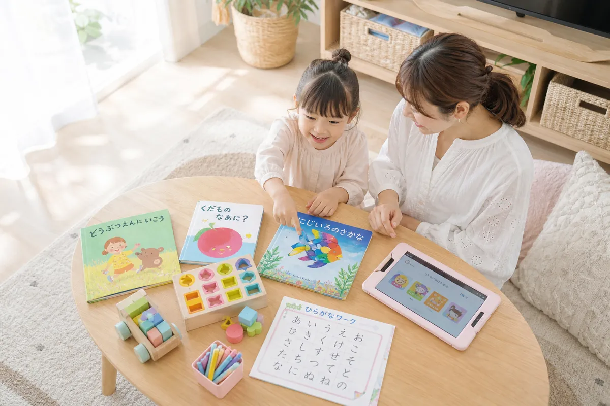 幼児向け通信教育の教材を親子で選ぶ様子