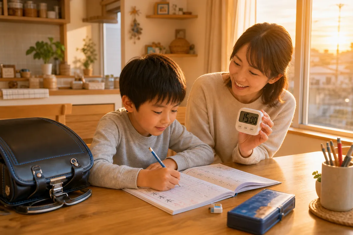 ママがタイマーを見せながら小学生の家庭学習を見守る様子