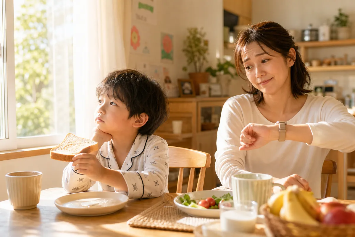 朝ごはん中にぼんやりする子どもと時計を見るママ