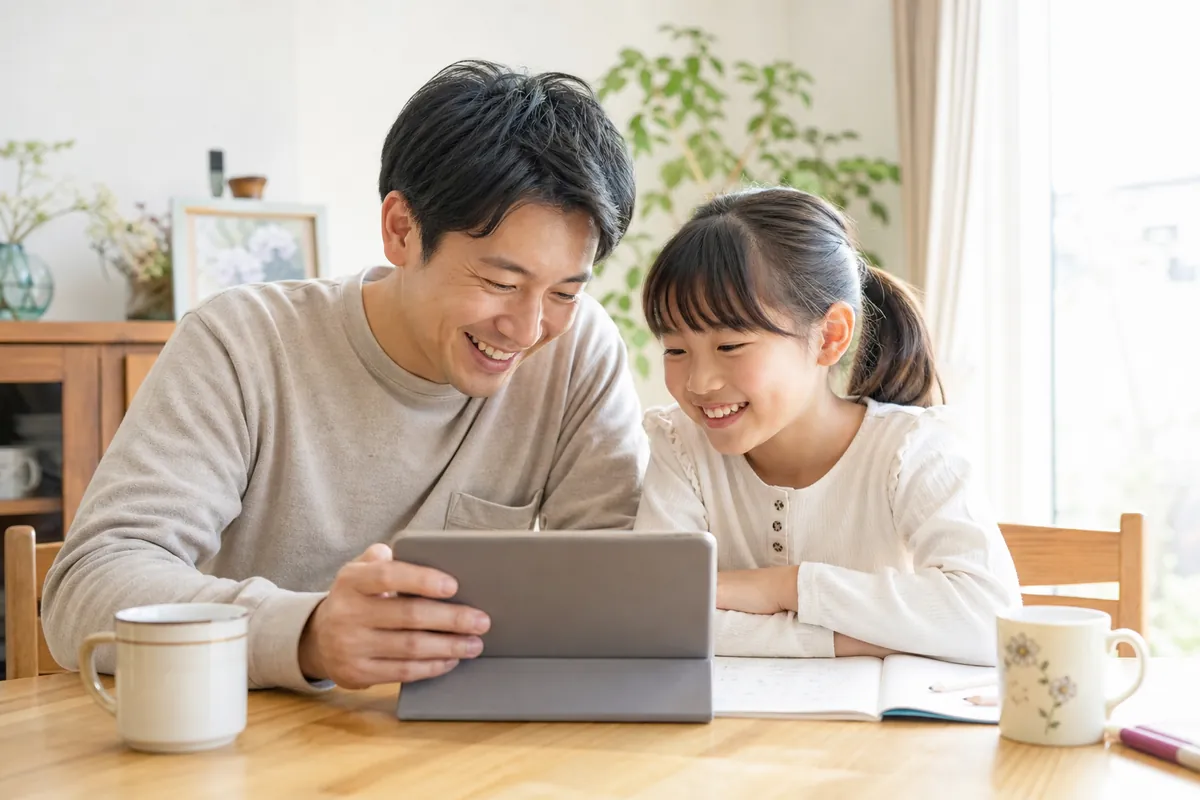 親子で一緒に動画を見る様子