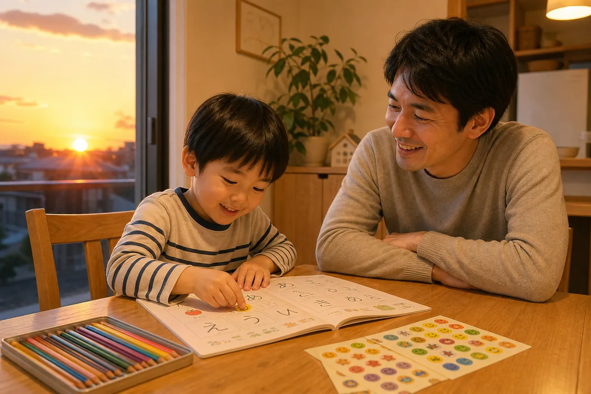 ひらがなワークに取り組む幼児とパパ