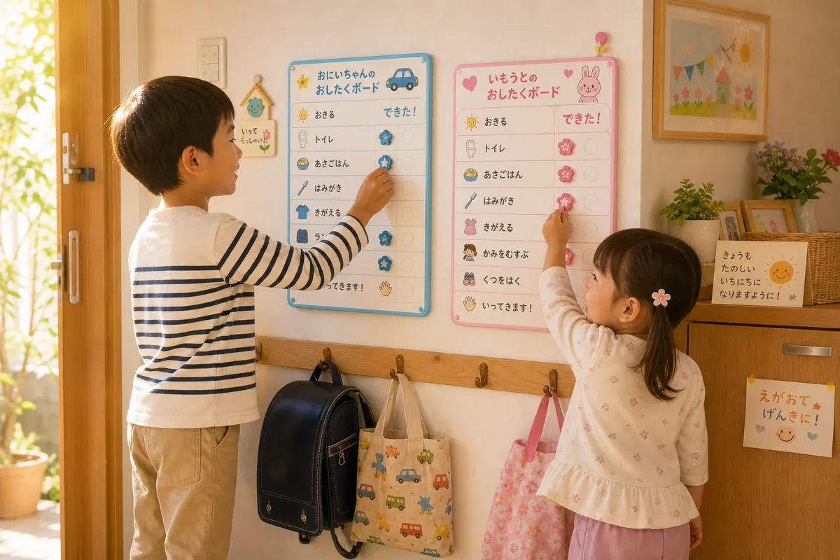 きょうだいがそれぞれのお支度ボードを使う様子