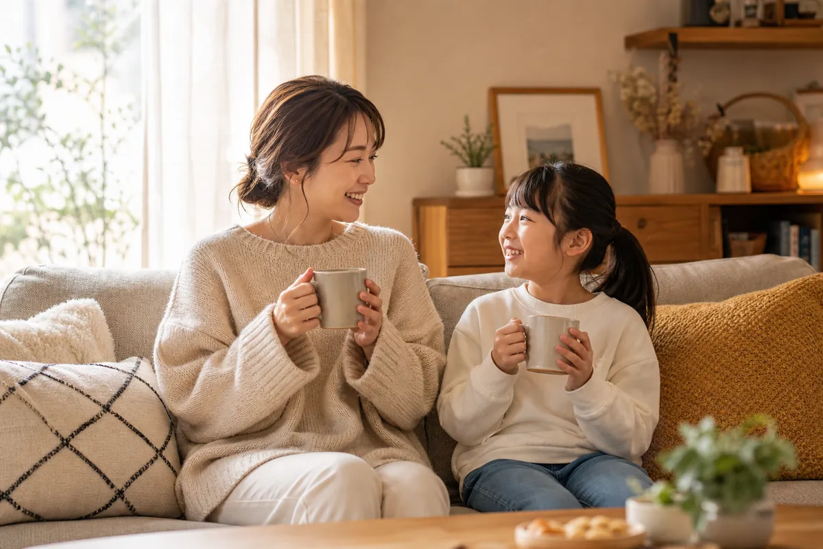 ソファに並んで座り会話する親子
