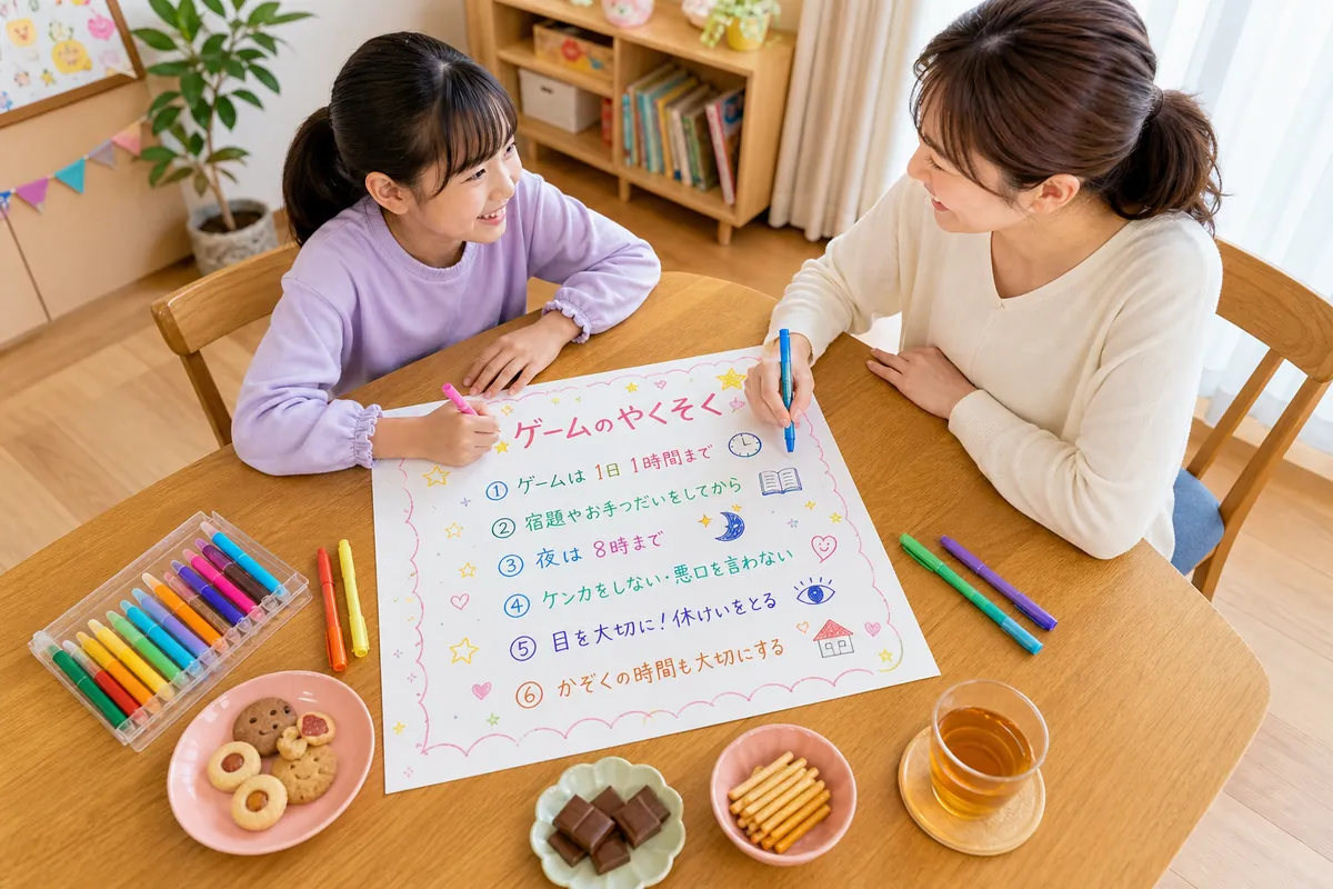 親子でゲームの約束を紙に書いている様子