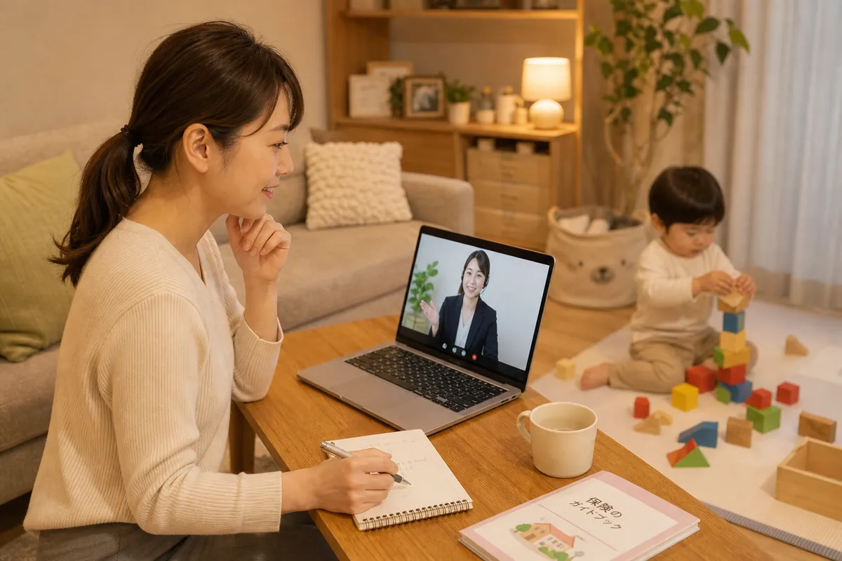 自宅からオンラインで保険相談をするママ