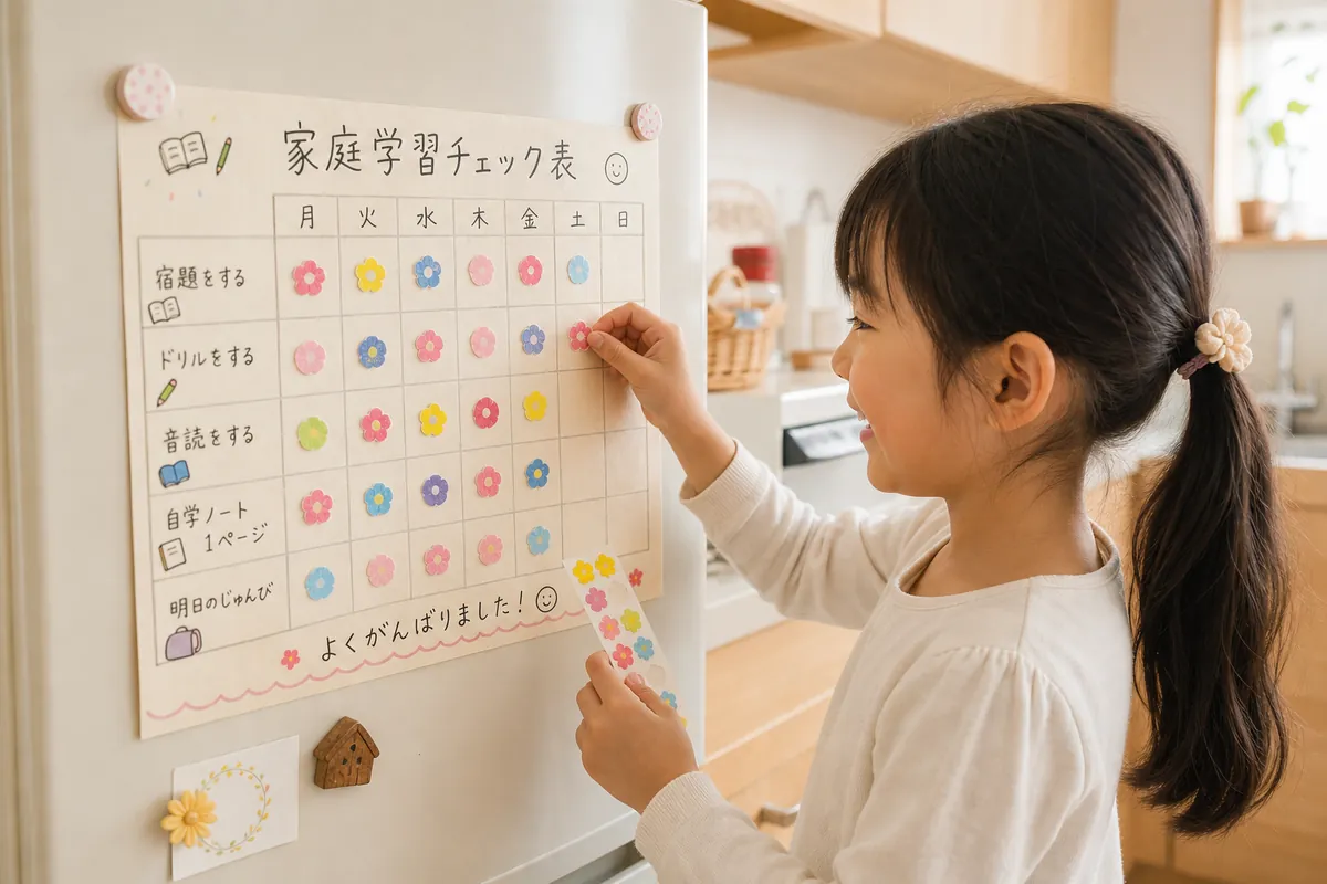 家庭学習のチェック表にシールを貼る小学生の女の子