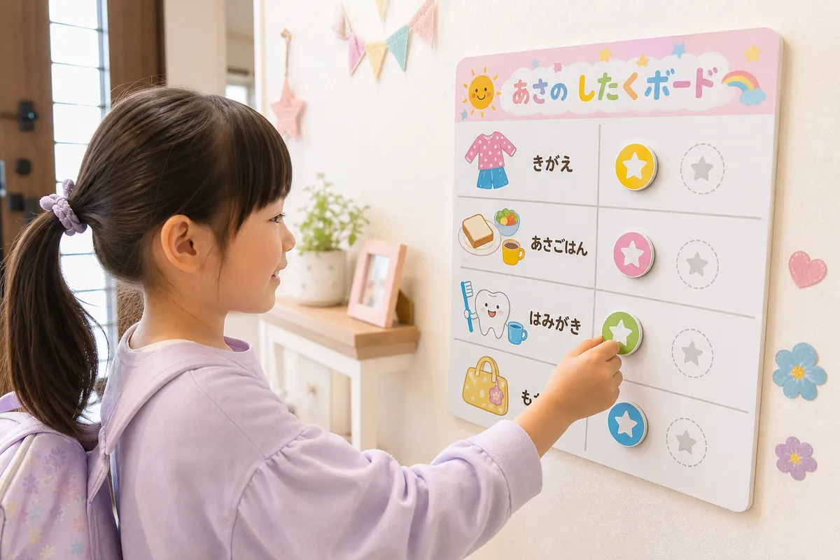 朝の支度ボードでやることを確認する女の子