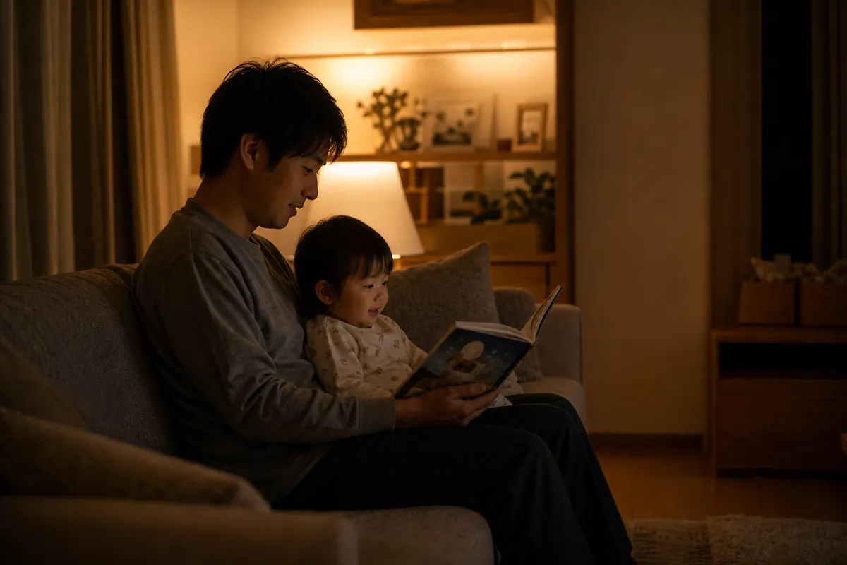 寝る前に親子で絵本を読む様子