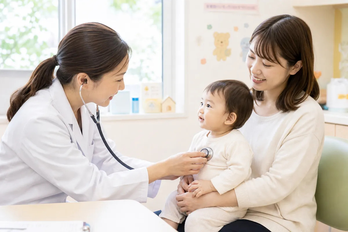 小児科で医師に診てもらう赤ちゃんとママ