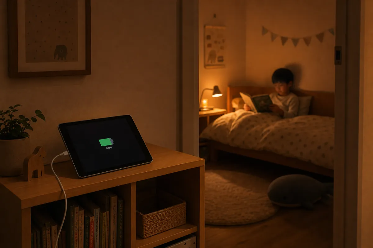寝室の外で充電中のタブレット