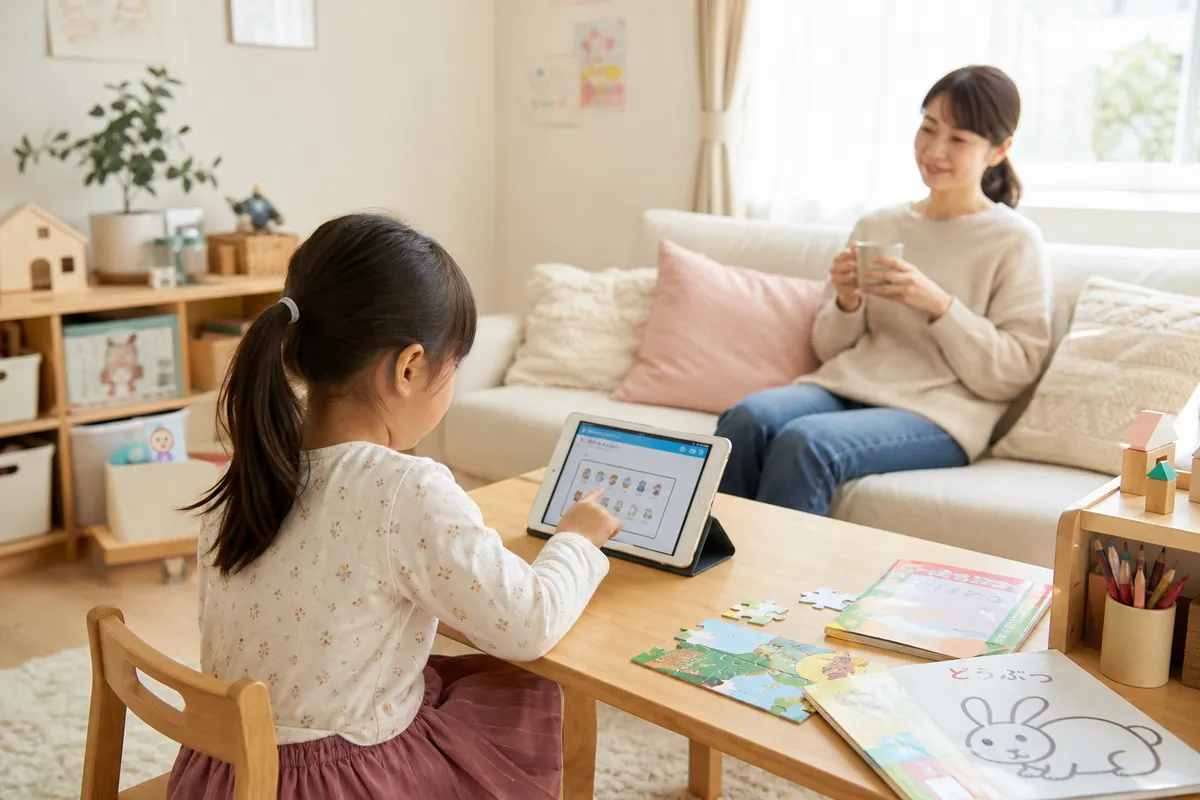 タブレット教材に取り組む幼児とママ