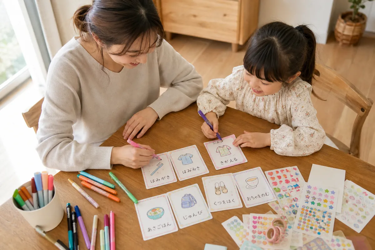 親子でお支度カードを手作りする様子