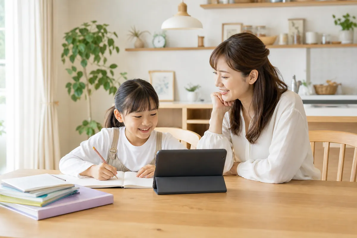 自宅で学習する子どもと見守るママ