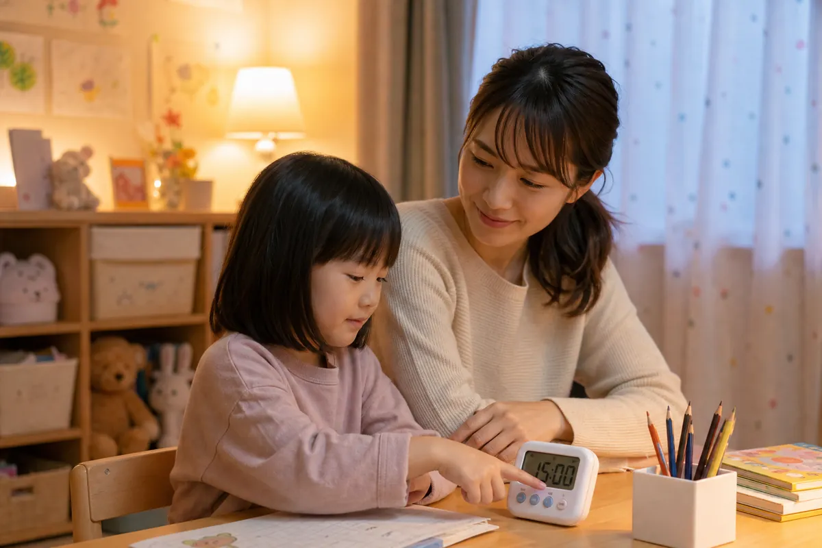子どもが自分でタイマーのボタンを押す様子