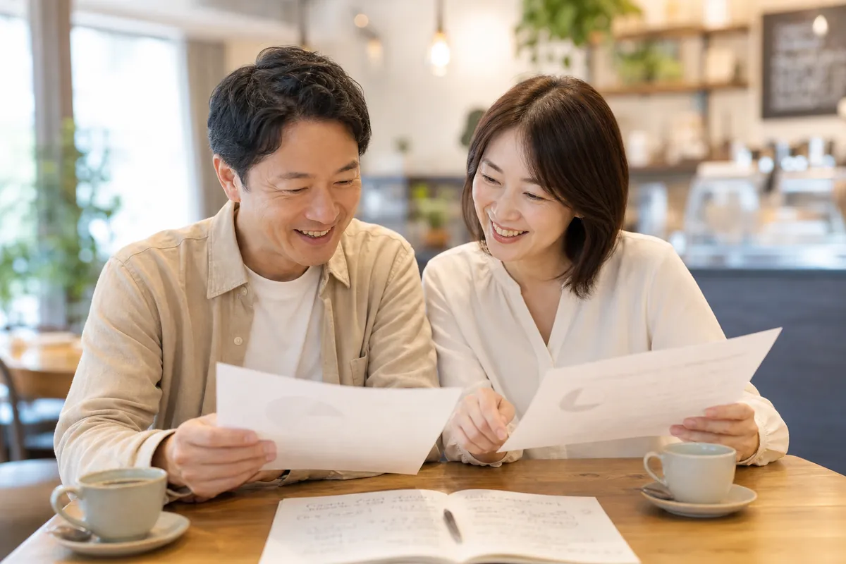 資料を見比べて保険を検討する夫婦