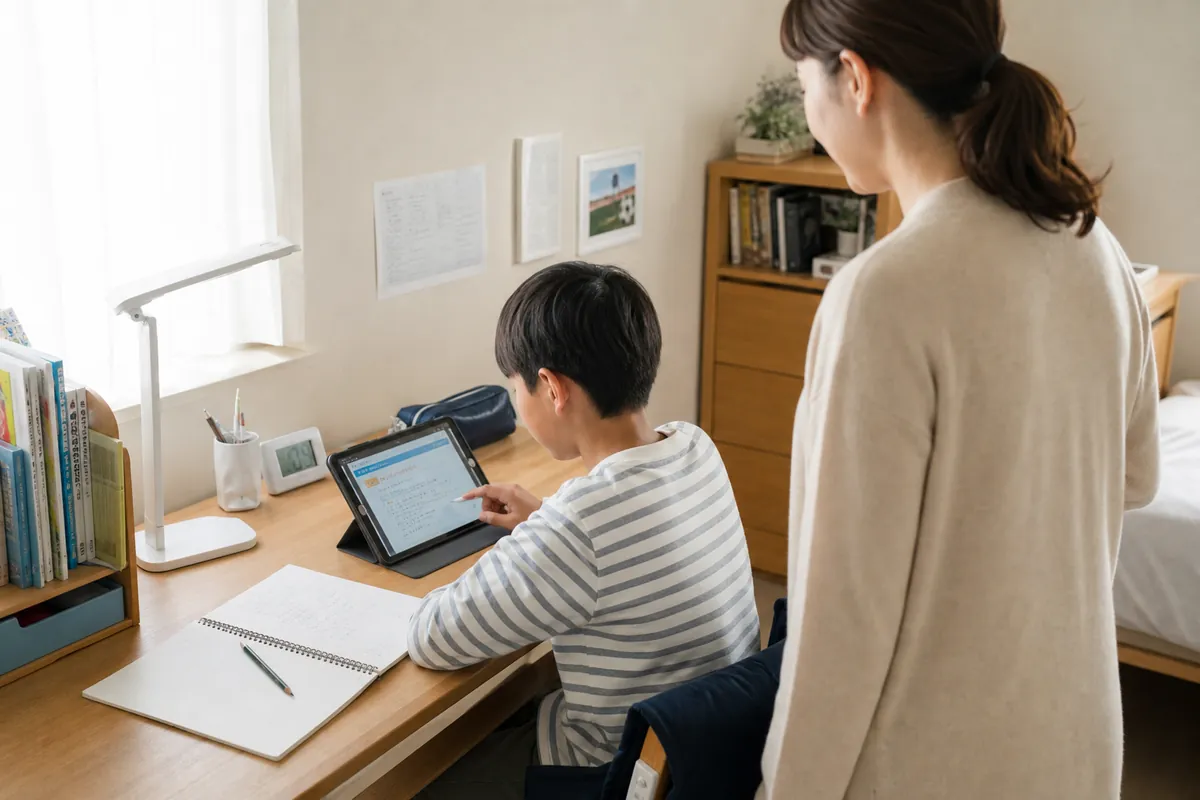 タブレット教材で家庭学習に取り組む小学生の男の子