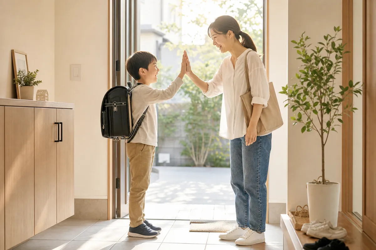 玄関でハイタッチする小学生の男の子とママ