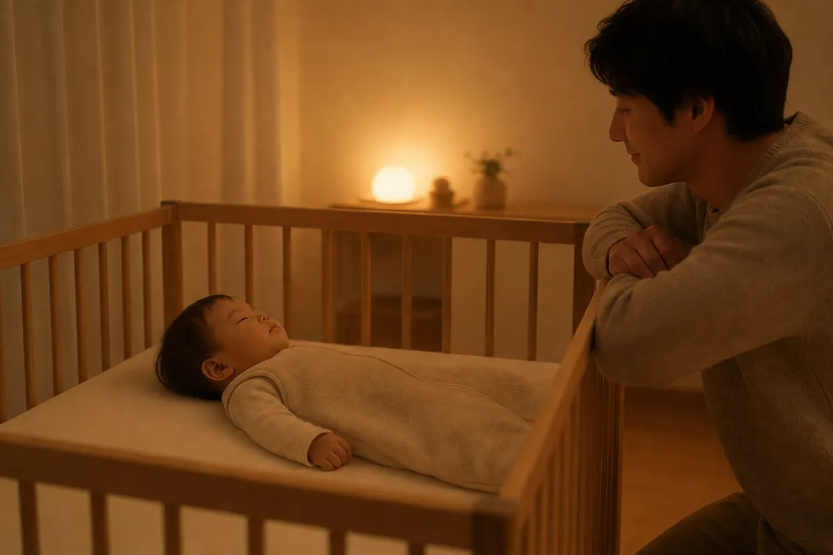 ベビーベッドで眠る子どもを見守るパパ