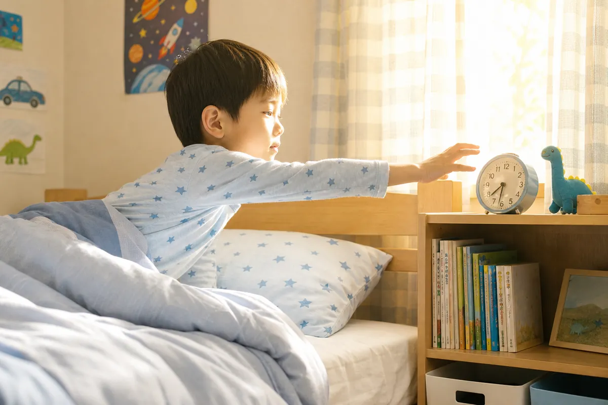 朝、ベッドの上で目覚まし時計に手を伸ばす男の子