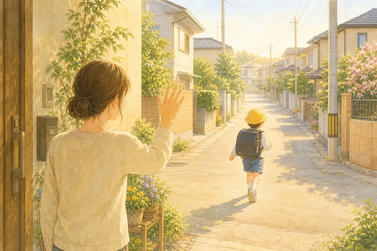登校する小学生を玄関先から見送るママ