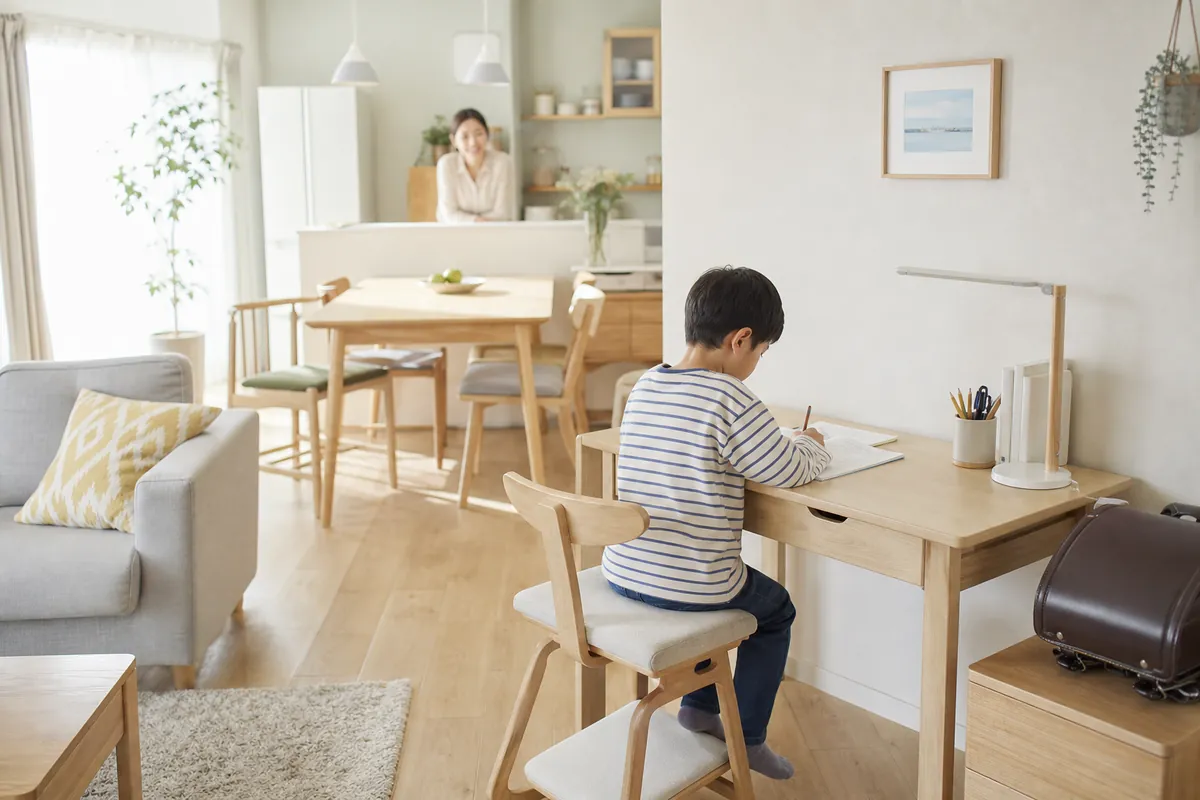 リビングの壁ぎわの学習デスクで勉強する小学生と見守るママ