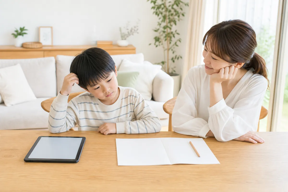 タブレットと紙のワークを前に迷う小学生とママ