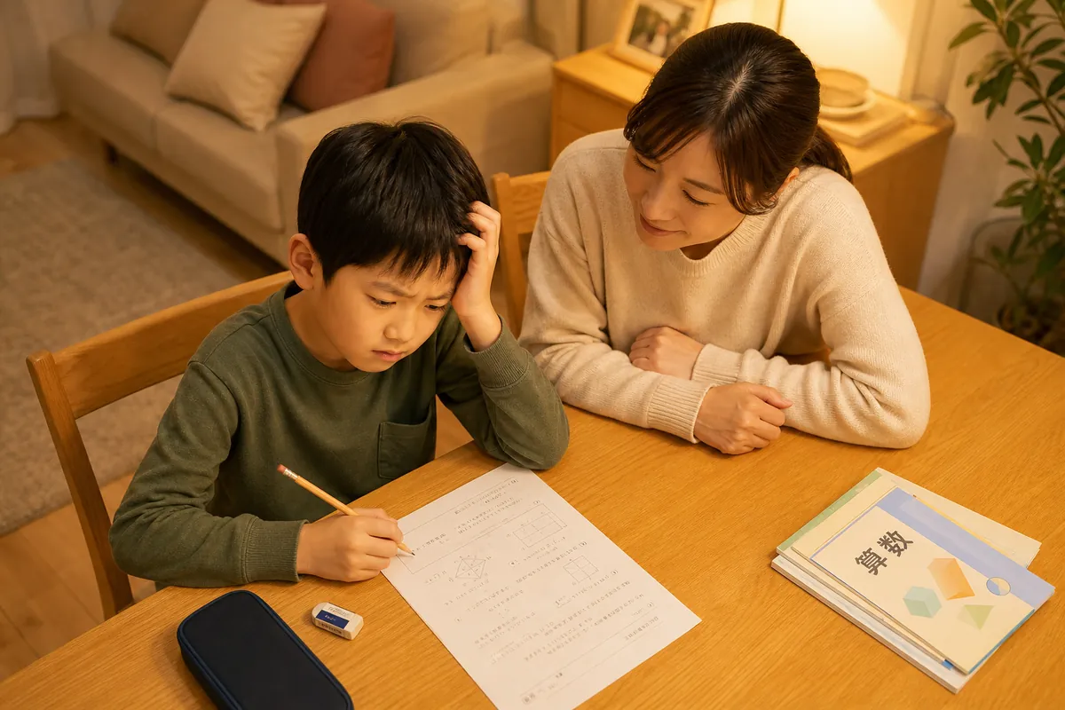算数のプリントの前で手が止まっている小学生と見守る母親