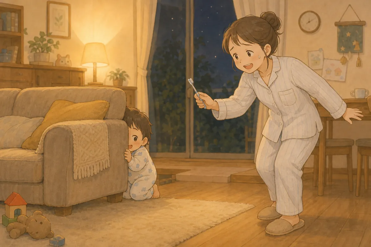 歯ブラシから逃げてソファのかげに隠れる2歳の子どもと困り顔のママ