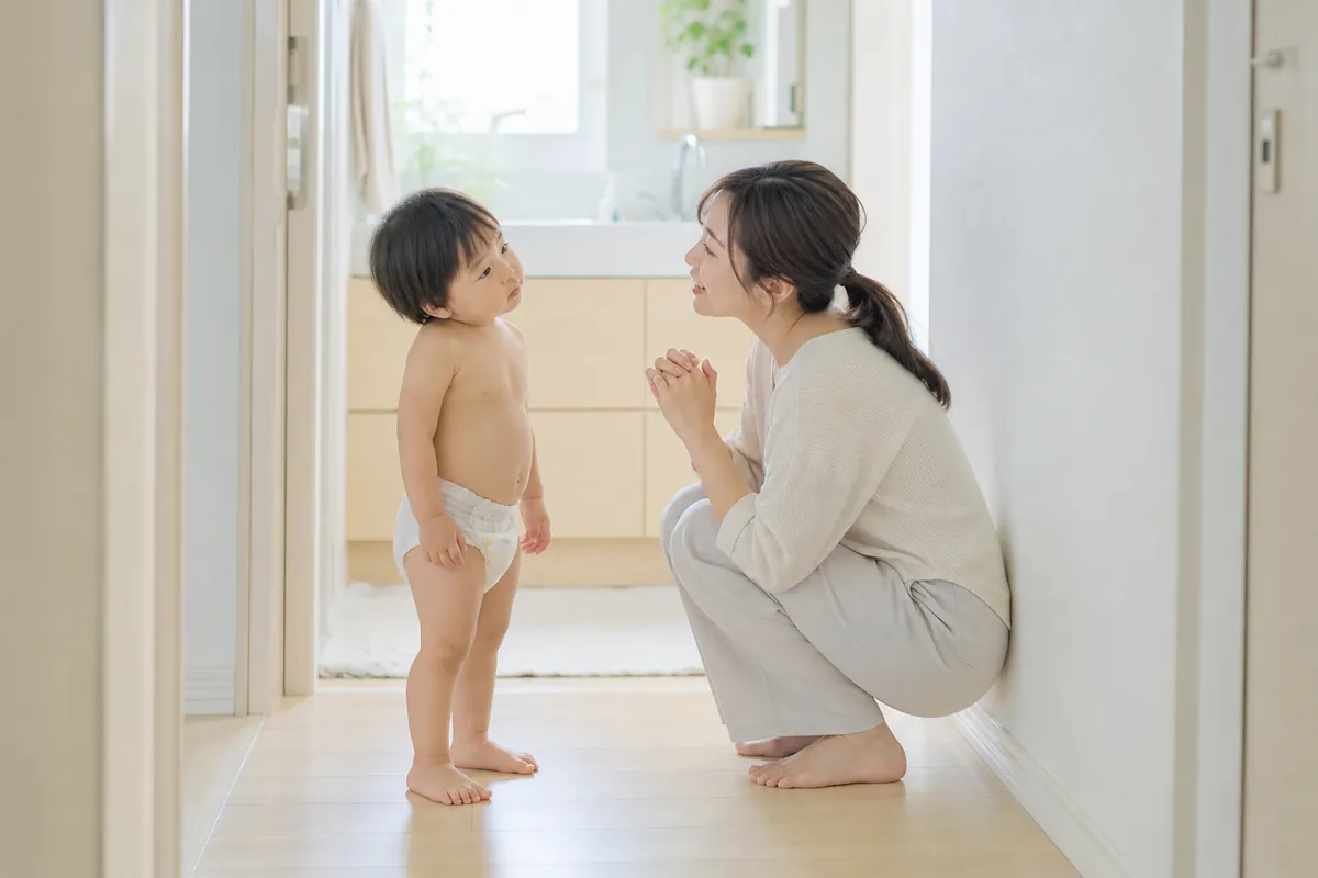 子どもと目線を合わせてやさしく話しかけるママ