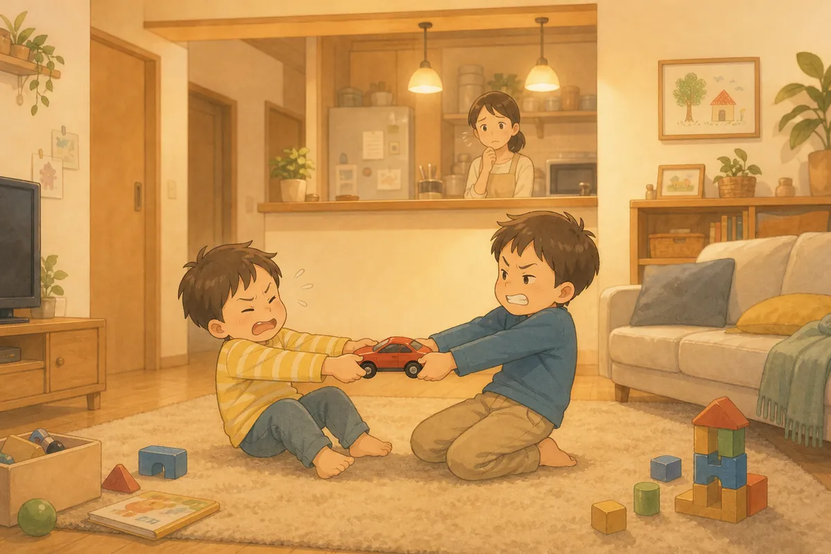 おもちゃを取り合う兄弟と、キッチンから見守るママ