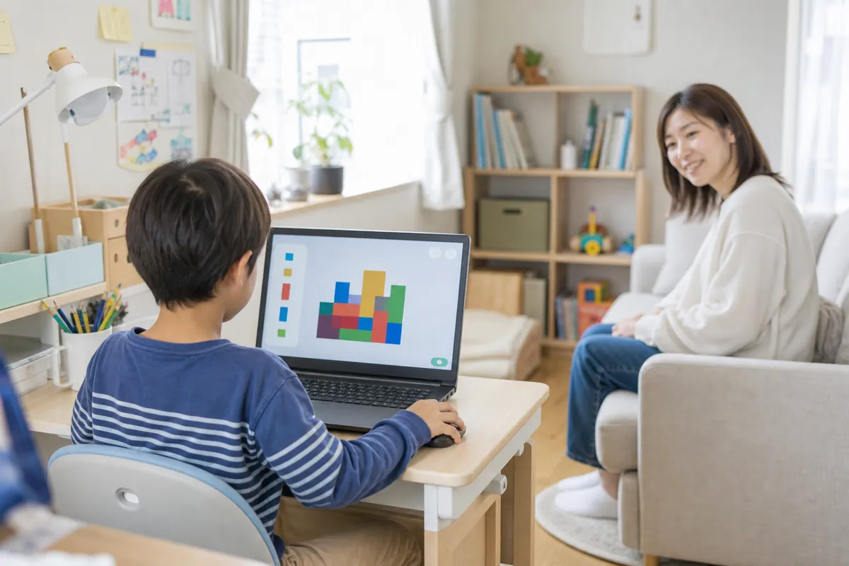 自宅のパソコンでブロック型のプログラミングに取り組む小学生の男の子