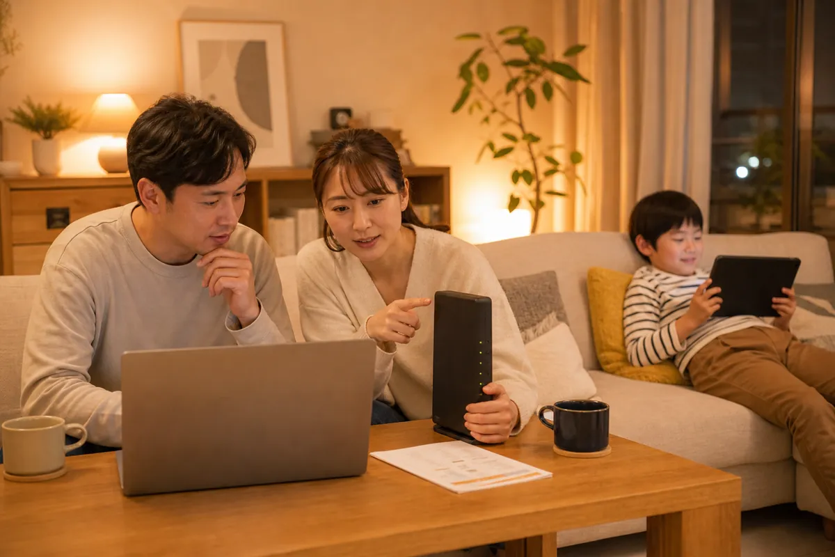 夜のリビングで光回線の乗り換えを相談する夫婦