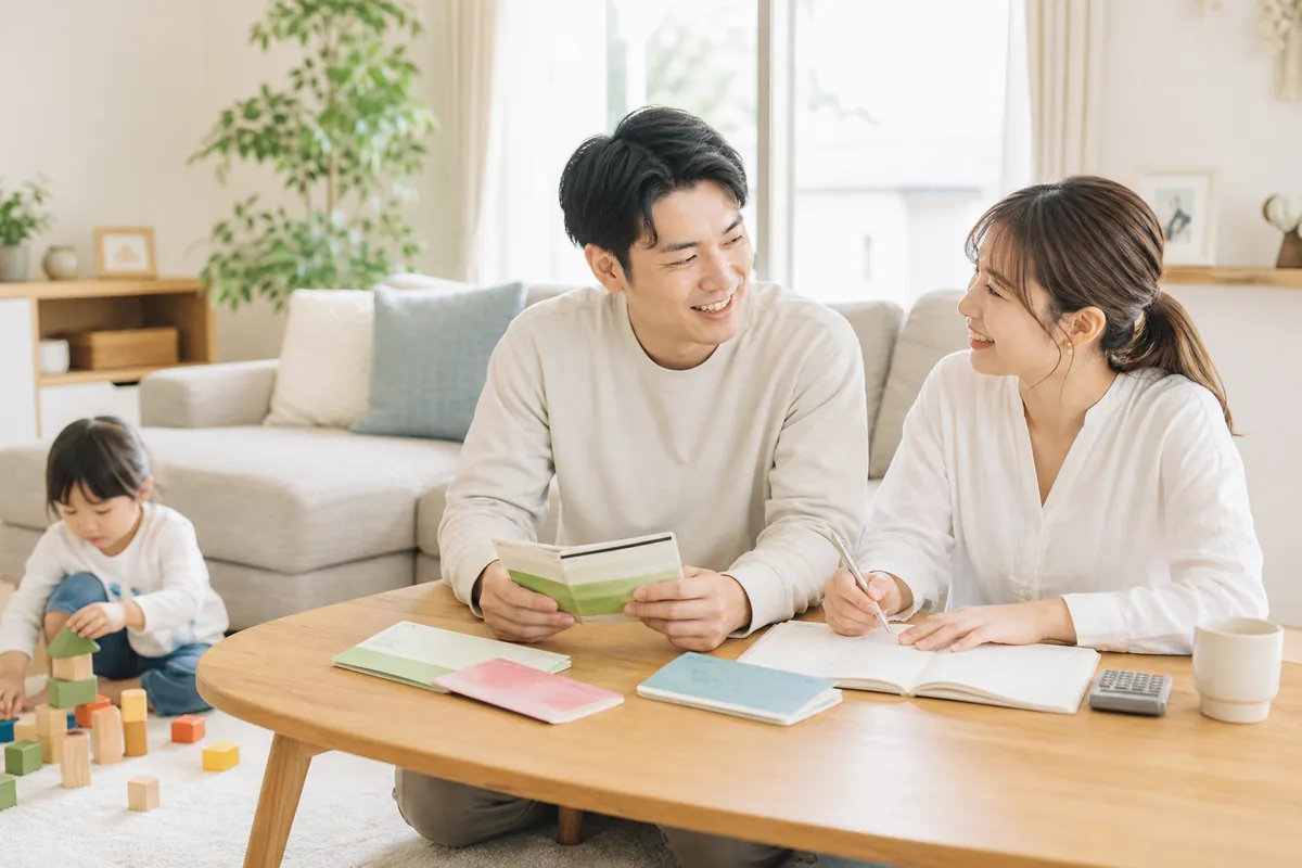 家計の相談をする夫婦と遊ぶ子ども