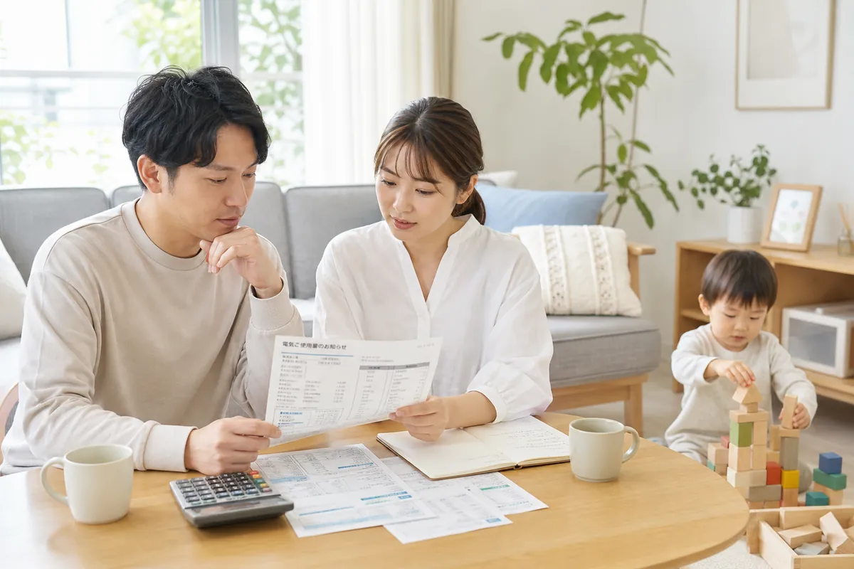 電気料金の明細を見て相談する夫婦