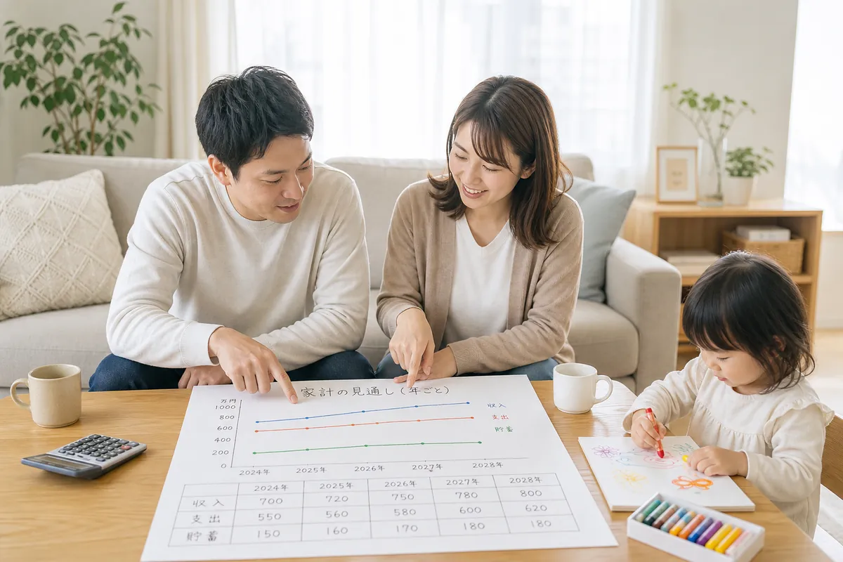家計の見通しを書いた紙を見ながら話し合う子育て中の夫婦
