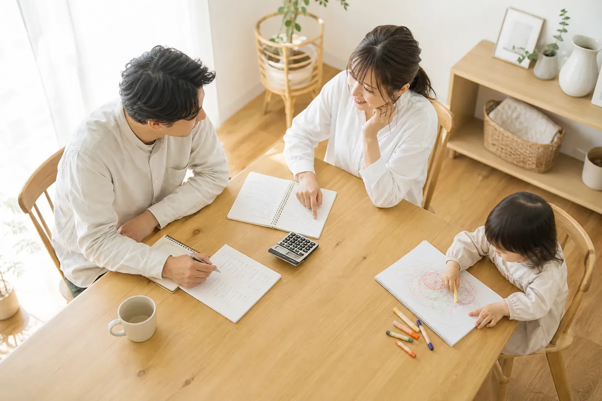 教育費の準備について話し合う夫婦と子ども
