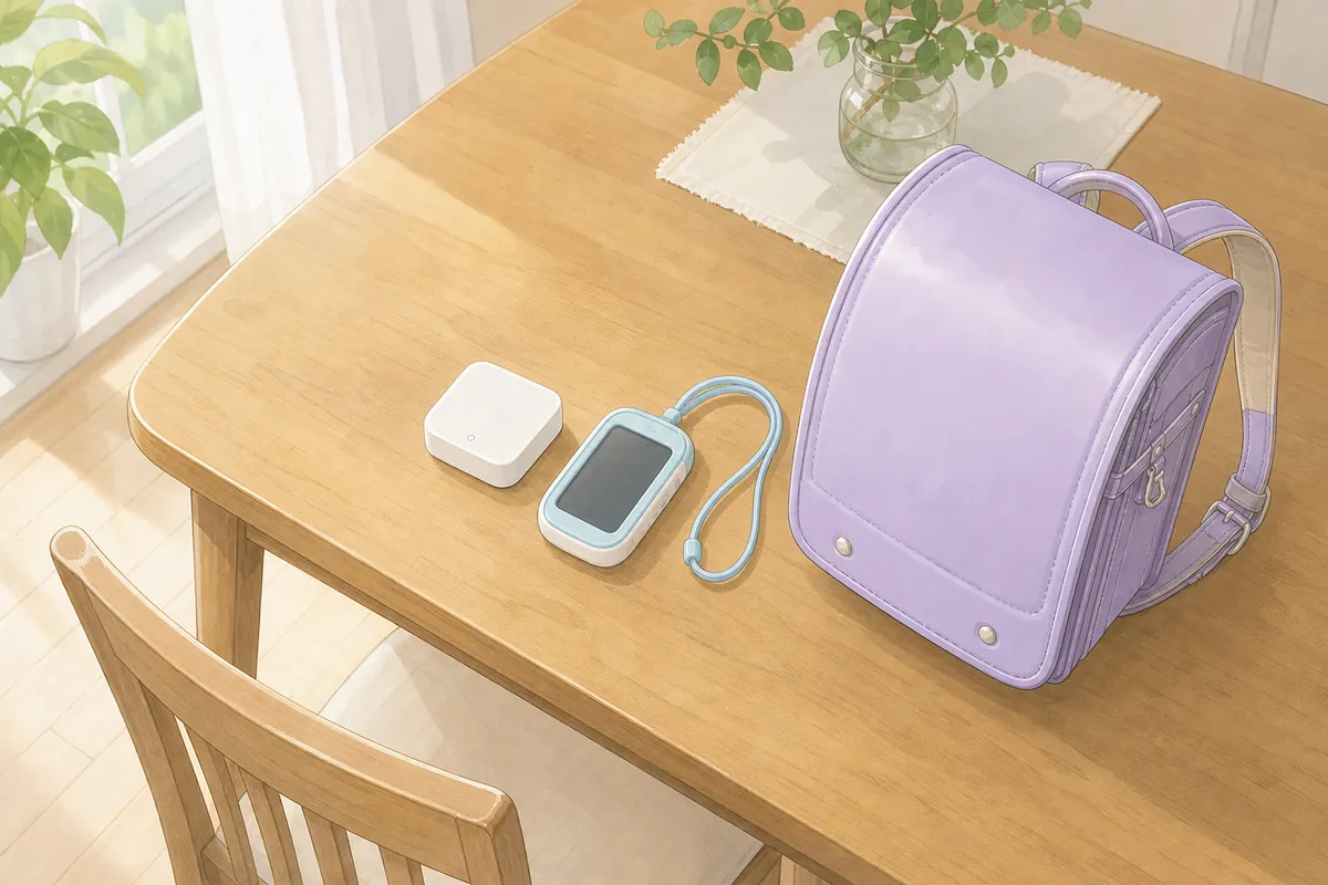 テーブルに並んだ見守り用GPS端末とキッズ携帯