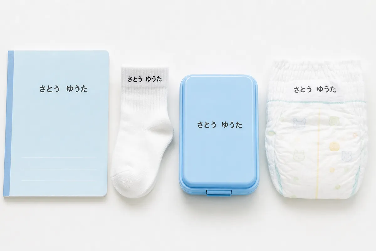 紙・布・プラスチック・おむつにお名前スタンプを押した例