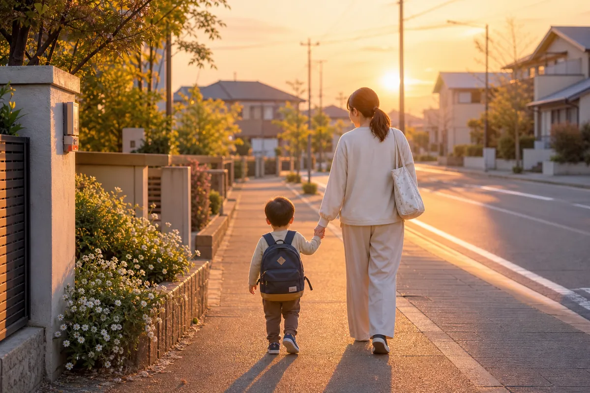 幼児教室へ手をつないで通う親子の後ろ姿