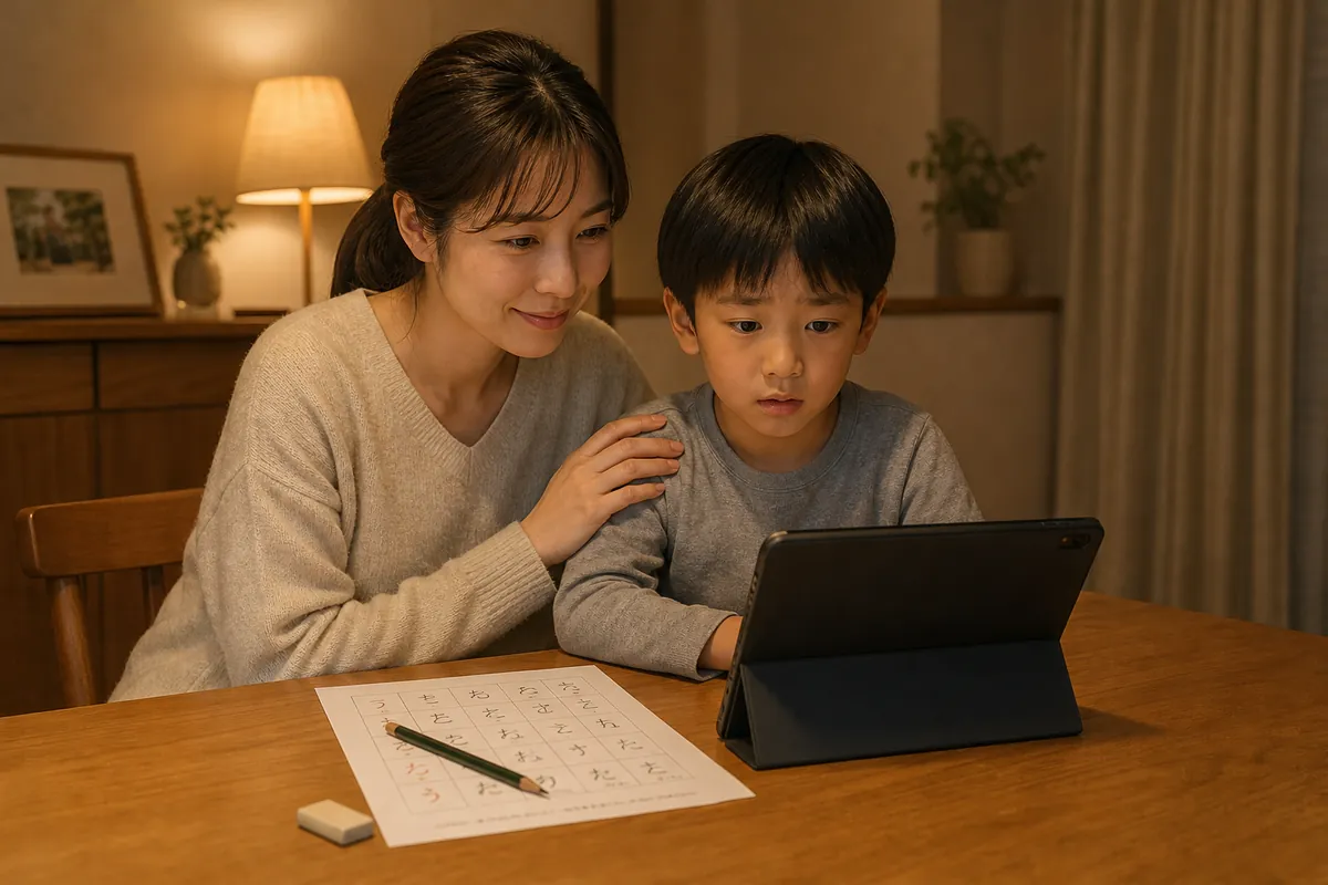 ママと一緒にタブレットでオンライン授業を受ける低学年の男の子