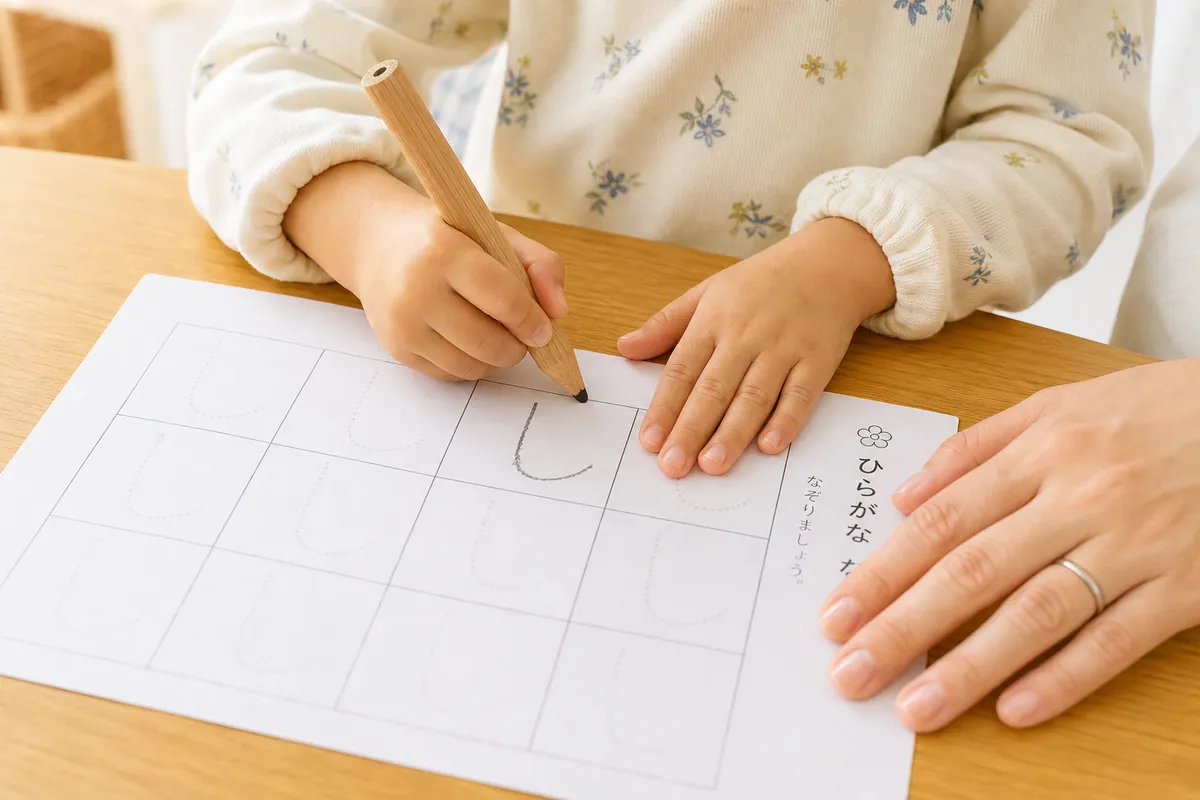 太めの鉛筆でひらがなのなぞり書きをする子どもの手元
