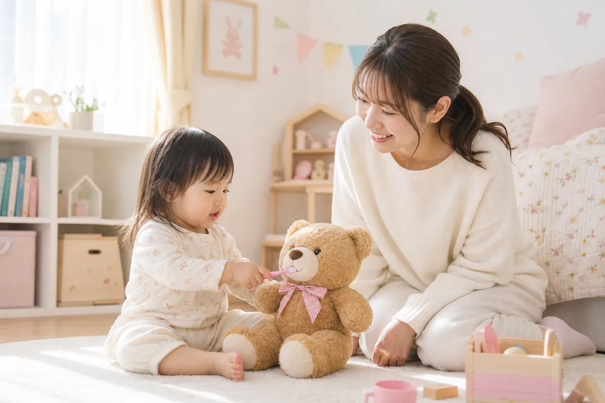 ぬいぐるみに歯磨きごっこをする子どもと見守るママ