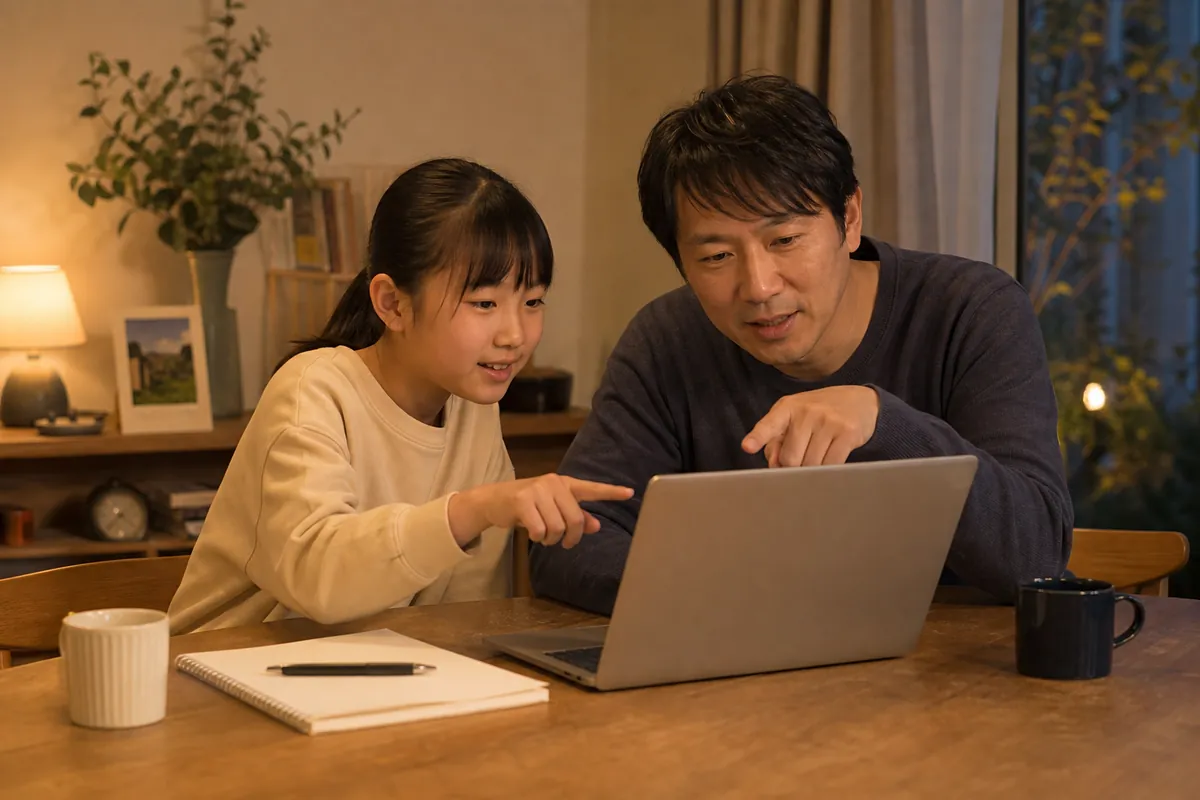 パソコンを見ながらプログラミング教室を相談する小学生の女の子とパパ