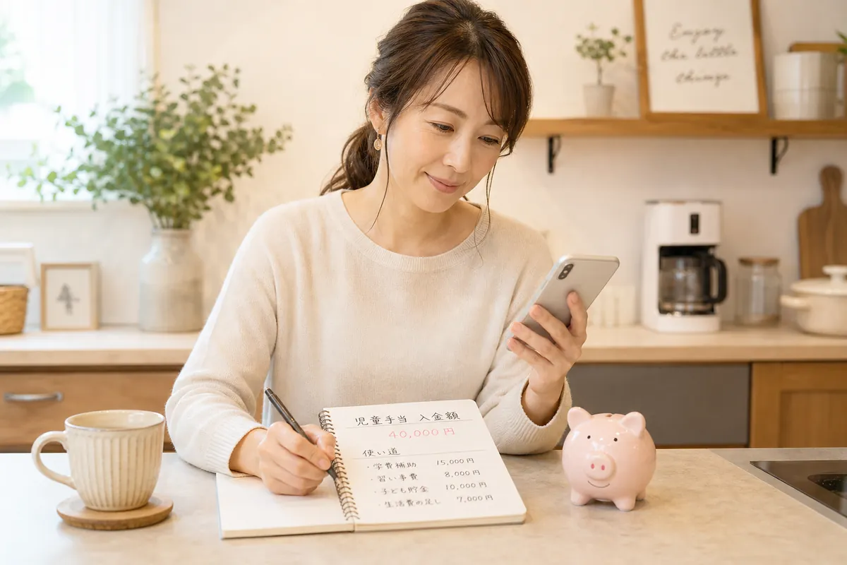 児童手当の使い道をノートに記録するママ